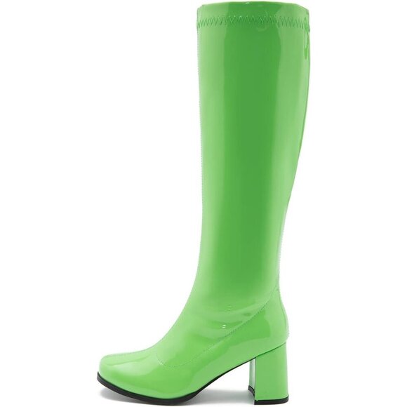 Shoes - Women's Green Gogo Boots Knee High Block Heel Square Toe 60s 70s Disco Costume